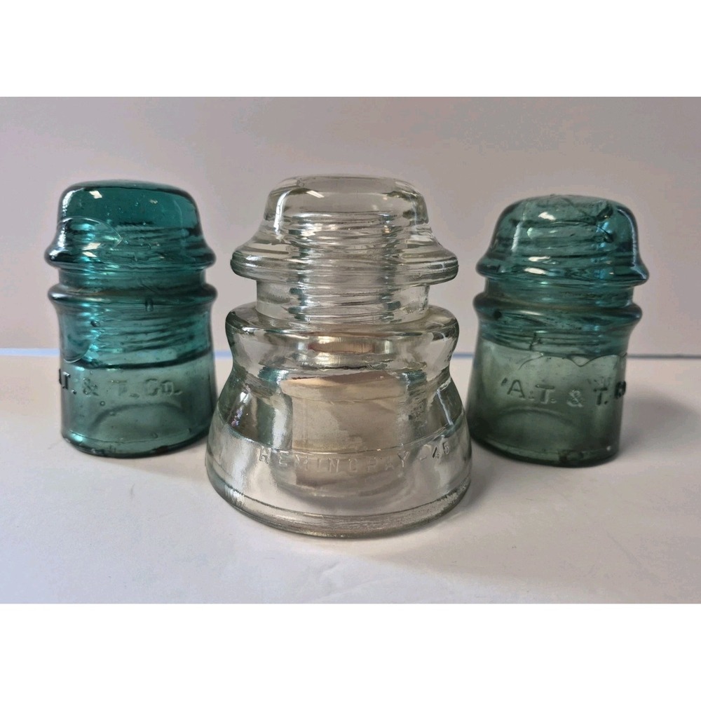Vintage Antique Lot 3 AT&T Co. Green Glass Insulator & Hemingray Alaska USA Made